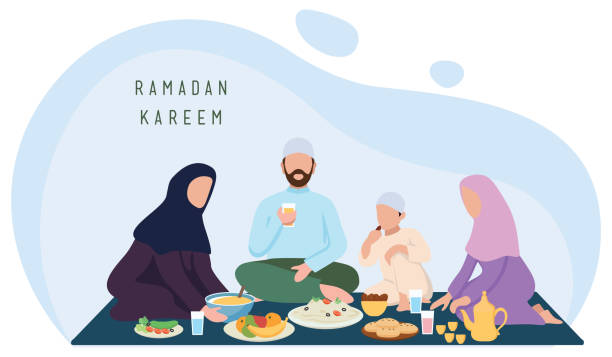 Iftar time with Family during Ramadan month, muslim family. Ramadan Fasting vector illustration. Iftar time with Family during Ramadan month, muslim family. Ramadan Fasting vector illustration. muslim family stock illustrations