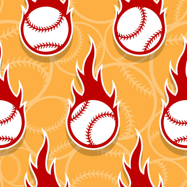 ilustraciones, imágenes clip art, dibujos animados e iconos de stock de patrón vectorial sin costuras con icono de pelota de béisbol y llama - baseball