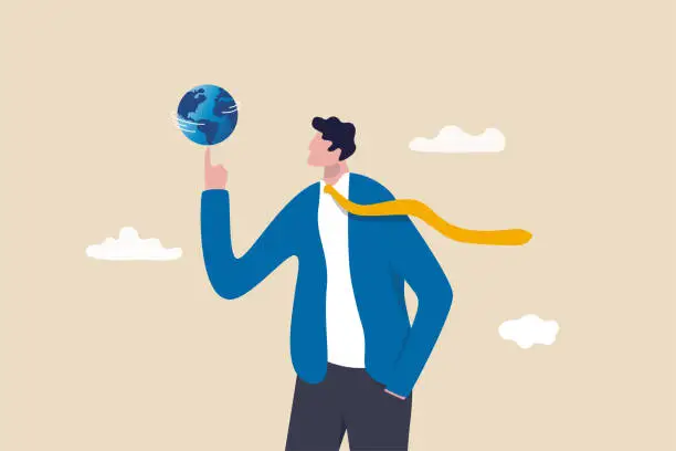 Vector illustration of Global business or world economy, power to control the world, leadership to success in global network concept, smart businessman manager spinning globe or planet earth on his strong finger.