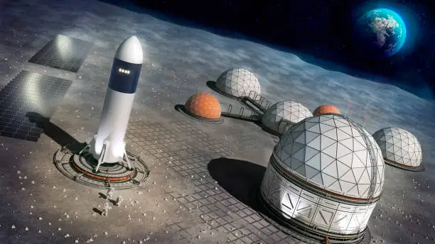 3d concept illustration of a settlement on the surface of the moon. The picture show the settlement with a rocket and the Earth in the background.