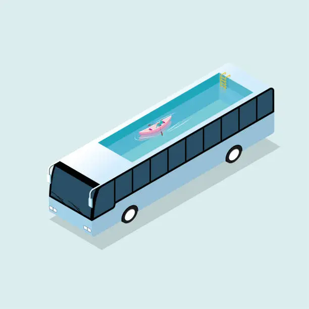 Vector illustration of Surreal design, the swimming pool is on the roof of the bus. A man is rowing a boat in the swimming pool.