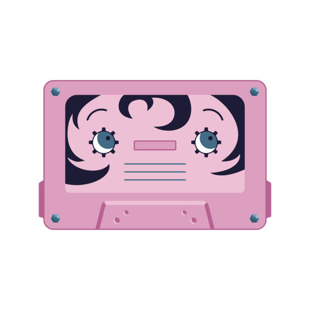 illustrations, cliparts, dessins animés et icônes de cassette tape pink cute caractère - woman taking radio vintage