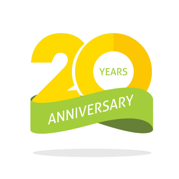 옐로우 오렌지 그린 컬러의 벡터 로고 아이콘을 기념하는 20주년 기념, 20주년 생일 라벨 태그 사인 리미티드 - $20 stock illustrations