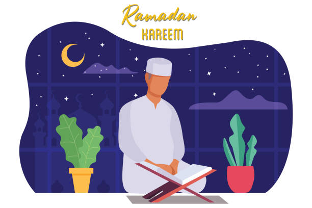 Muslim prayer man reading kuran at the ramadan with moon and star sky. Muslim prayer man reading kuran at the ramadan with moon and star sky. allah the god islam cartoons stock illustrations