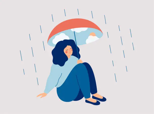 Vector illustration of Inner world Concept.  Happy woman protects herself from the rain with an umbrella with a blue sky and sun.