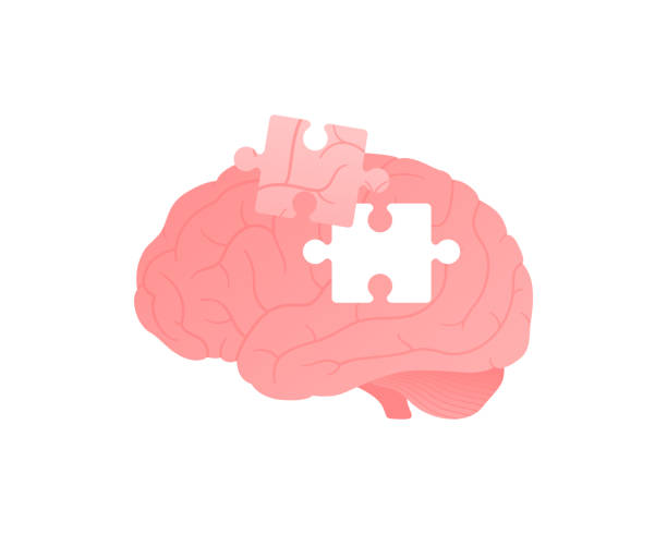 umysł, myśl, psychologia i koncepcja chorób psychicznych. ilustracja wektorowa z płaskim kolorem. sylwetka układanki mózgu ze znakiem elementu układanki. kreatywne myślenie, burza mózgów i symbol demencji. - alzheimer stock illustrations