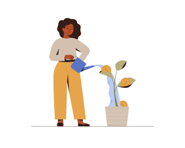 Girl is watering a money tree. Black businesswoman grows plant with coins. Green economy and funding concept. Girl is watering a money tree. Black businesswoman grows plant with coins. Green economy and funding concept. Revenue and income Vector illustration currency illustrations stock illustrations