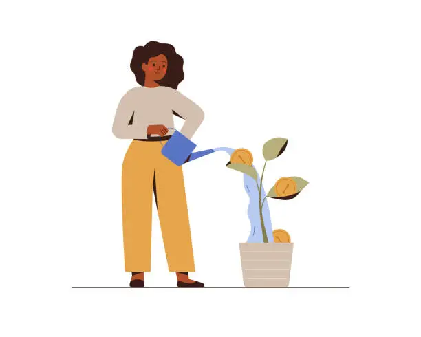Vector illustration of Girl is watering a money tree. Black businesswoman grows plant with coins. Green economy and funding concept.