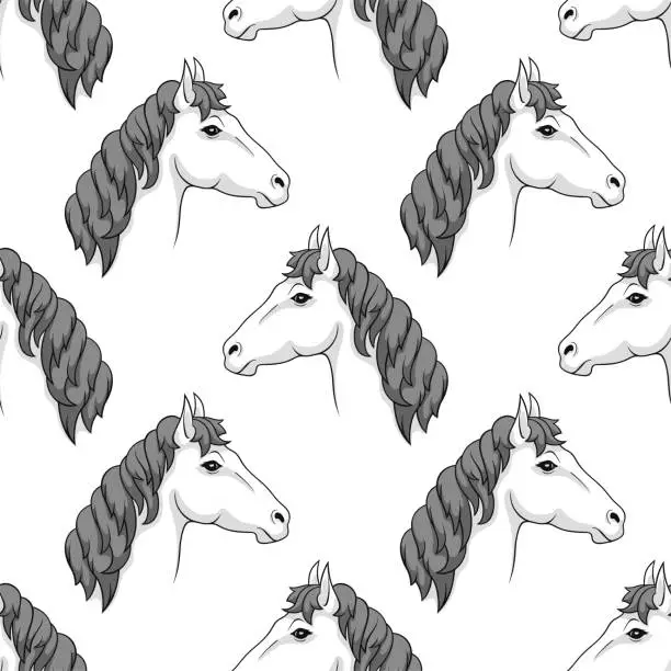 Vector illustration of A horse seamless background. The horse's head. A hand drawing, and outline.