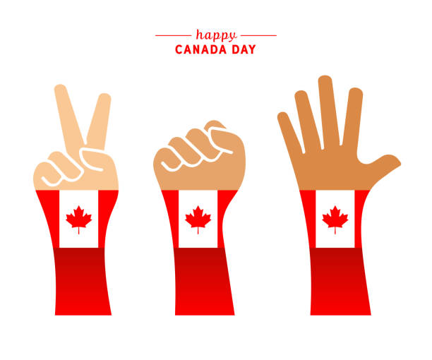 illustrazioni stock, clip art, cartoni animati e icone di tendenza di mani alzate per il canada day - canadian flag canadian culture canada people
