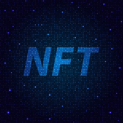 Not interchangeable tokens NFT on blue glittering background. Vector illustration .