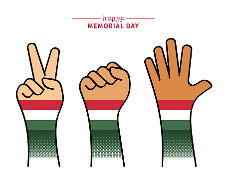 Multi-ethnic and diverse hands raised for Hungarian Memorial Day. Flat style vector illustration with the national flag.