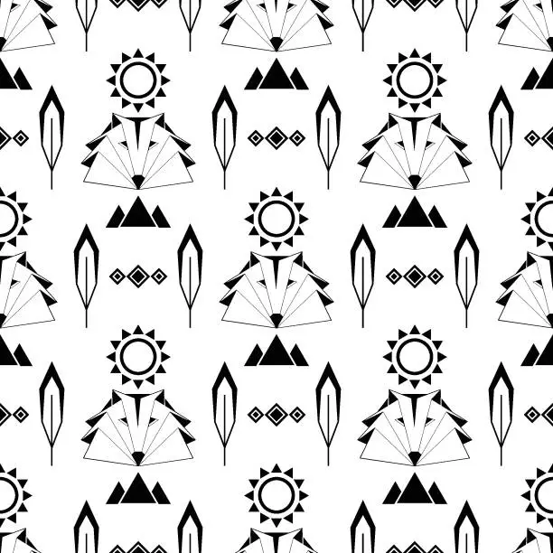 Vector illustration of seamless pattern with native american ethnic pattern. wolf, feather, mountains, sun. vector