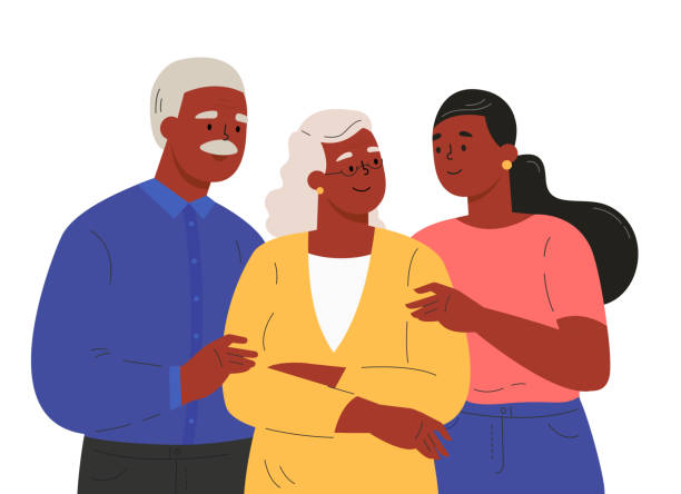 illustrazioni stock, clip art, cartoni animati e icone di tendenza di ritratto di famiglia felice che si abbraccia - senior adult senior couple grandparent retirement