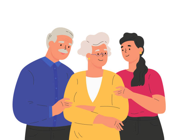 illustrazioni stock, clip art, cartoni animati e icone di tendenza di ritratto di famiglia felice che si abbraccia - senior adult senior couple grandparent retirement