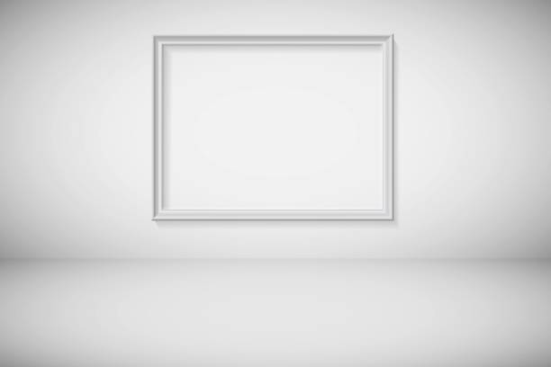istock Gray frame for picture hanging on wall. Mock up template for famous painting vector illustration. Realistic scene indoor on grey background with floor. Art exhibition in museum 1313280782