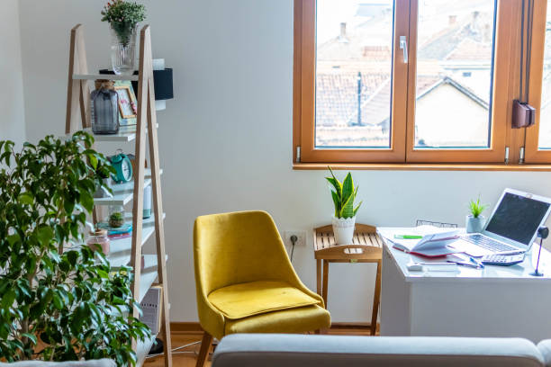 istock Setting up a home office without people. Workplace setup at home 1313282439