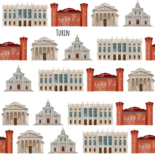 Vector illustration of Sights of Turin, Italy. Palazzo Madama e Casaforte degli Acaja (Palace Madama and defensive  castle Acaja), Duomo di Torino, Cattedrale di San Giovanni Battista (Cathedral of Saint John the Baptist), Chiesa della Gran Madre di Dio (Church of Gran Madre di