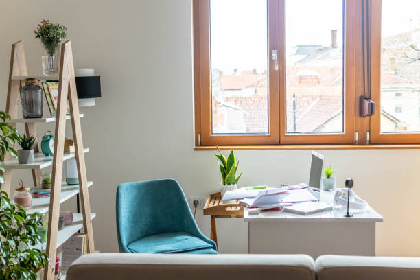 istock Setting up a home office without people. Workplace setup at home 1313282500