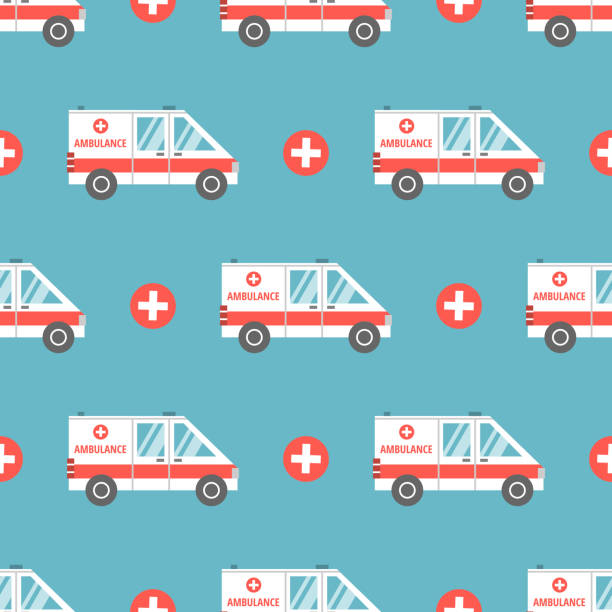 플랫 만화 스타일의 의료 구급차. 벡터 원활한 패턴 - ambulance mini van speed emergency sign stock illustrations