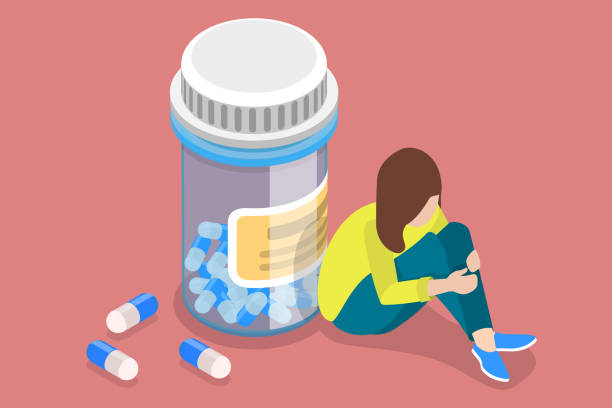 illustrazioni stock, clip art, cartoni animati e icone di tendenza di illustrazione concettuale vettoriale piatta isometrica 3d della dipendenza da antidolorifici. - alcohol drug abuse alcoholism pill