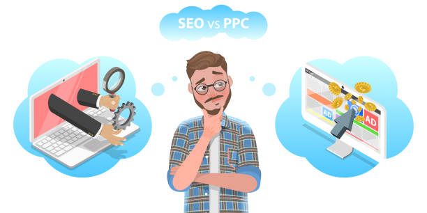 illustrazioni stock, clip art, cartoni animati e icone di tendenza di illustrazione concettuale vettoriale piatta isometrica 3d di seo vs ppc. - ranking rank number financial figures