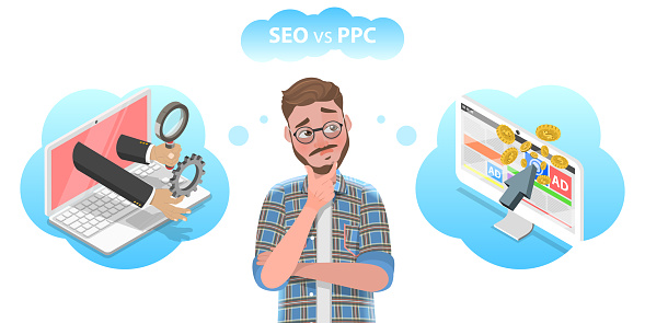 3D Isometric Flat Vector Conceptual Illustration of SEO vs PPC, Search Engine Optimization VS Pay Per Click Marketing Strategy.