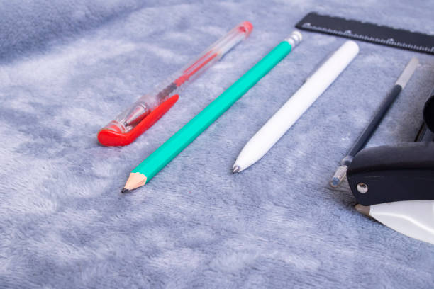 istock Stationery spread out on a gray background 1313285525