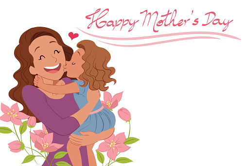 Girl hugging and kissing her mother who smiles happily, celebrating mother's day.