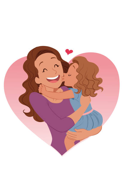 Kissing mom Girl hugging and kissing her mother who smiles happily, celebrating mother's day. i love you mom stock illustrations