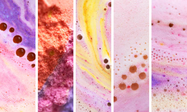 Macro rainbow texture and foam bath bombs with bubbles horizontal collage. Cosmetic banner stock photo