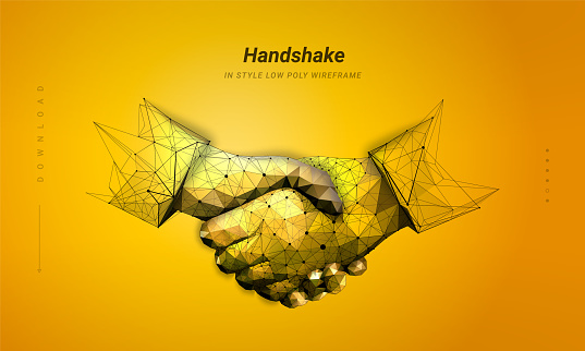 Two hands. Handshake. Abstract illustration isolated on orange background. Low poly wireframe. Gesture hands. Business symbol. Particles are connected in a geometric silhouette. Hi-tech illustration