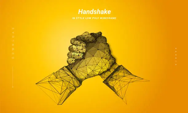 Vector illustration of Two hands. Brotherly handshake. Abstract illustration isolated on orange background. Low poly wireframe. Gesture hands. Business symbol. Plexus lines and points in silhouette. Hi-tech 3d illustration