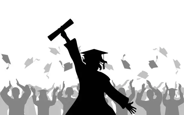 Vector illustration of Cheerful girl graduates with diploma on background of joyful crowd of people throwing mortarboards or academic caps, silhouette. Vector illustration