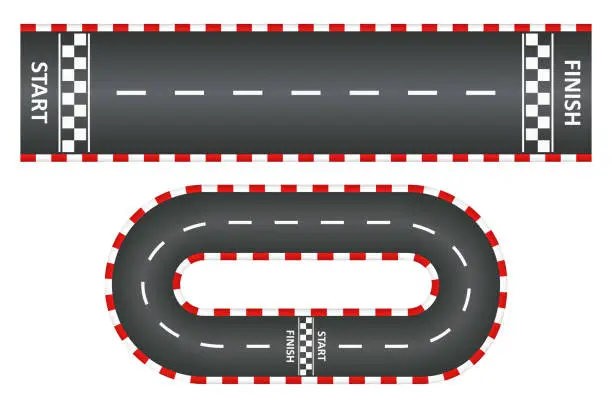 Vector illustration of Racing track, top view of asphalt roads set, kart race with start and finish line. Vector