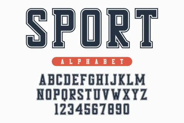 Vector illustration of Sport font, original college alphabet. Athletic style letters and numbers for sportswear, t-shirt, university logo. Retro varsity typeface. Vector
