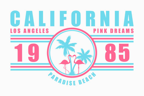 kalifornische typografie für t-shirt mit slogan. los angeles modegrafiken mit palme und flamingo für design-kleidung. vektor - paradise california stock-grafiken, -clipart, -cartoons und -symbole