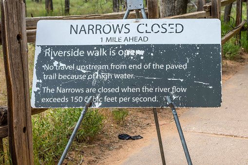 Zion NP, UT, USA - May 16, 2020: A notice for rules and regulation of the trail