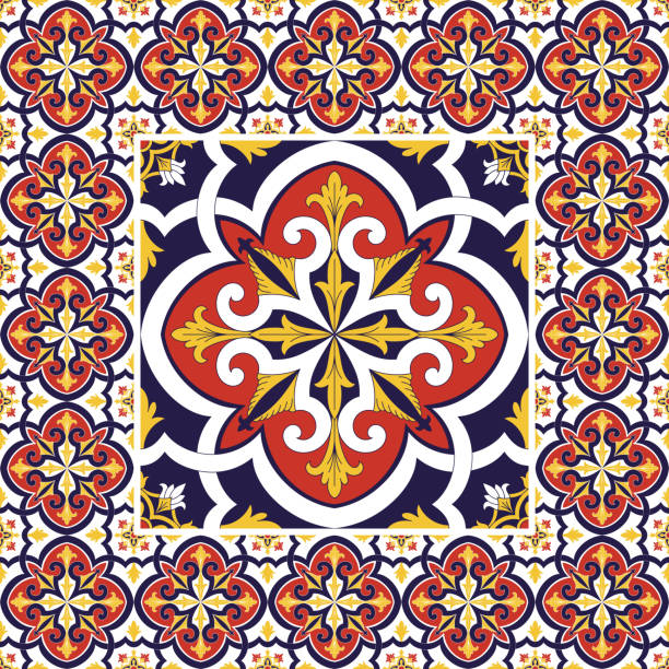 istock Italian tile pattern floor vector with vintage flowers print. Big ceramic element in center with frame. Mosaic background with portugal azulejos 1313293240