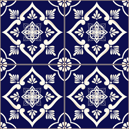 Spanish tile pattern vector seamless with blue ceramic motifs. Portuguese azulejos, mexican talavera, sicily majolica or moroccan ornament. Blue and white texture for wallpaper or kitchen floor.