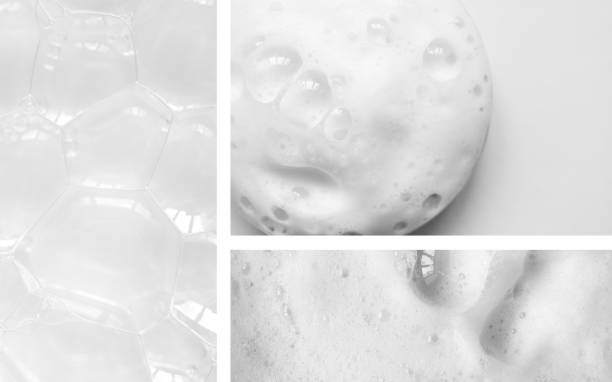 istock Foam texture from soap, shampoo or cleanser horizontal collage. Close up, macro 1313295460