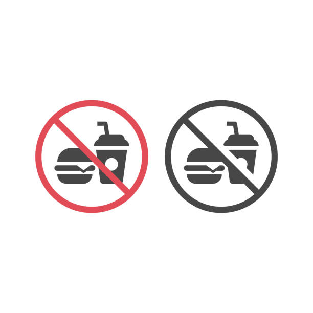 No food red prohibition vector sign Bringing food not allowed icon with burger and soda zoning out stock illustrations