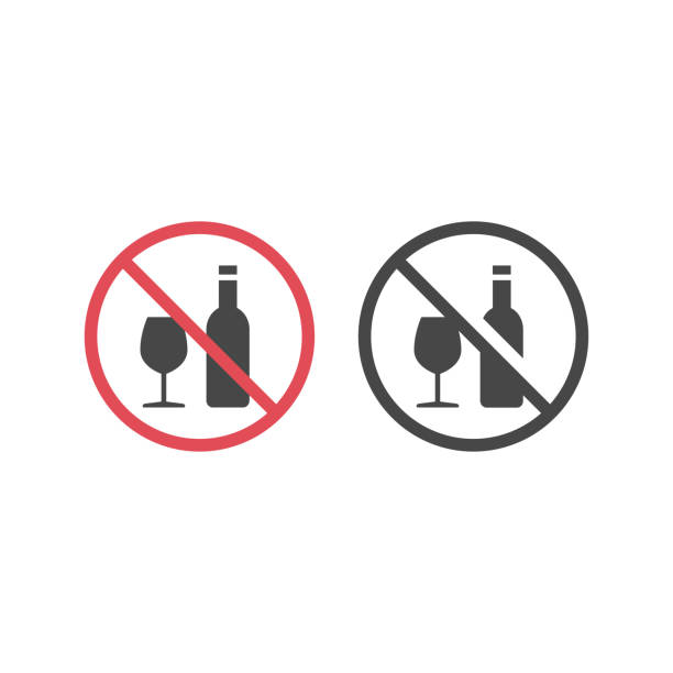 No alcohol red prohibition vector sign Alcohol drinking not allowed icon zoning out stock illustrations