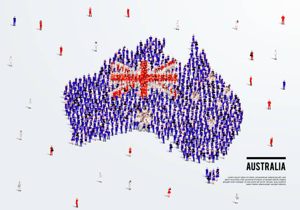 istock Australia Map and Flag. A large group of people in Australian flag color form to create the map. Vector Illustration. 1313298531