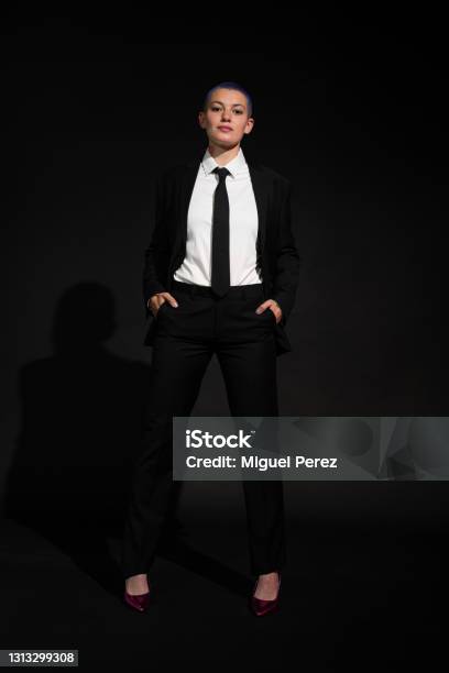 Young Citizen In Black Suit Tie And High Heels Stock Photo - Download Image Now - 25-29 Years, Adult, Adults Only