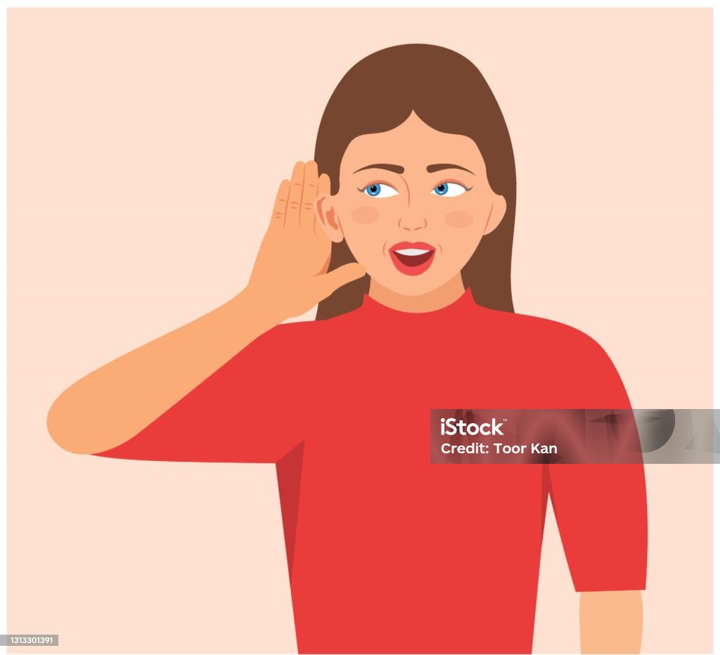 Genç oldukça gülümseyen kadın, beyaz arka plan yüz ifadesi üzerinde izole edilmiş bir kulak üzerinde eliyle dinliyor jest ile. Kadın el ile bir jest yaparak kulaktan kulağa dinle, Vektör illüstrasyon - Royalty-free Duymak Vector Art Genç oldukça gülümseyen kadın, beyaz arka plan yüz ifadesi üzerinde izole edilmiş bir kulak üzerinde eliyle dinliyor jest ile. Kadın el ile bir jest yaparak kulaktan kulağa dinle, Vektör illüstrasyon - Royalty-free Duymak Vector Art