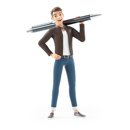 3d cartoon man carrying pen on his shoulders, illustration isolated on white background