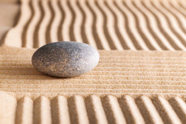 istock Japanese zen garden with stone in raked sand 1313302244