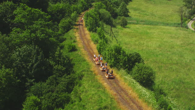 Old tourist train moving through Białowieża forest and surrounding fields. Aerial view