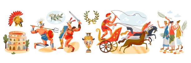 ilustraciones, imágenes clip art, dibujos animados e iconos de stock de antiguos imperios romanos y elementos establecidos. ilustración vectorial de historia y cultura de roma. gladiadores luchando, coliseo, mujeres, hombre en carro con caballos, ánforas sobre fondo blanco - roman ancient rome empire ancient